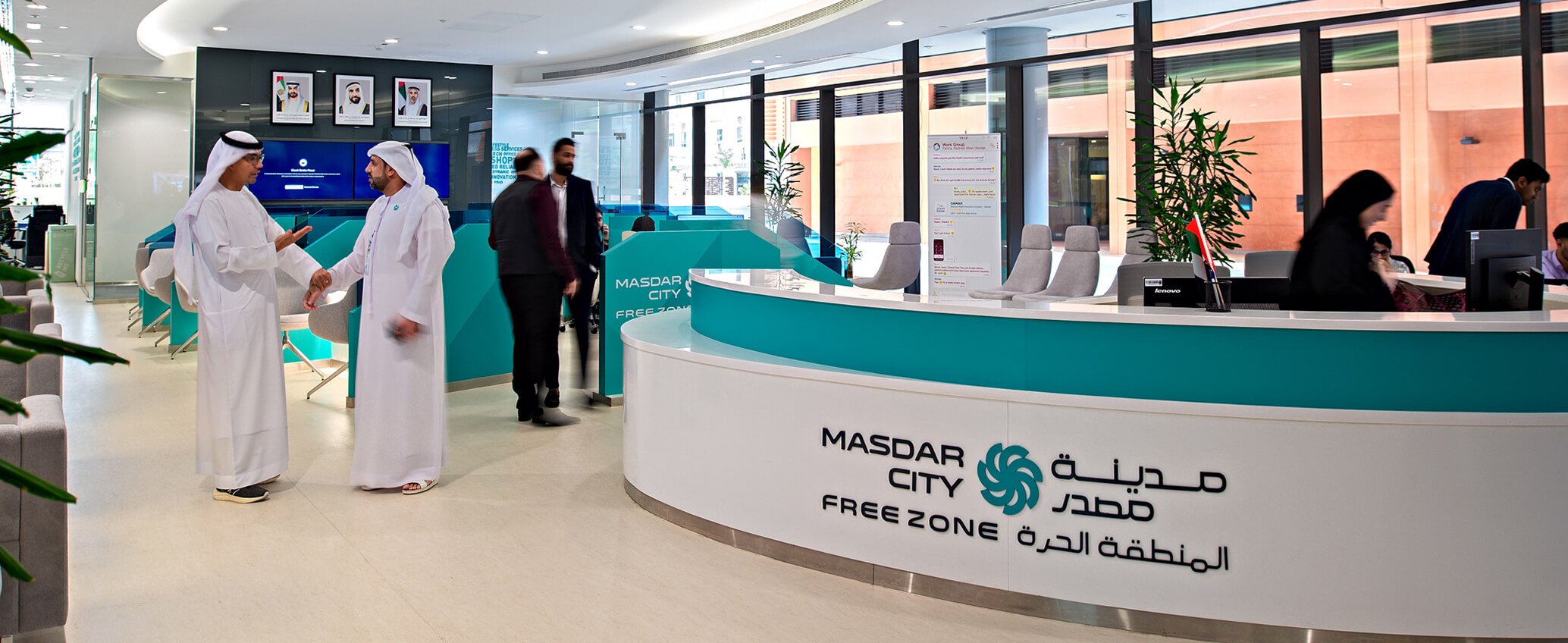 Clients at the reception of Masdar City Free Zone office in UAE to discuss business setup