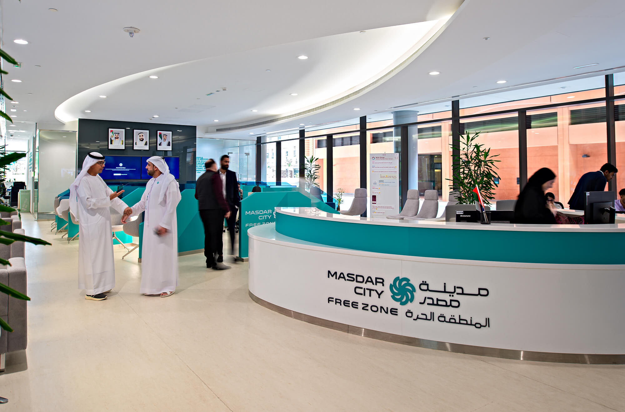 Clients at the reception of Masdar City Free Zone office in UAE to discuss business setup